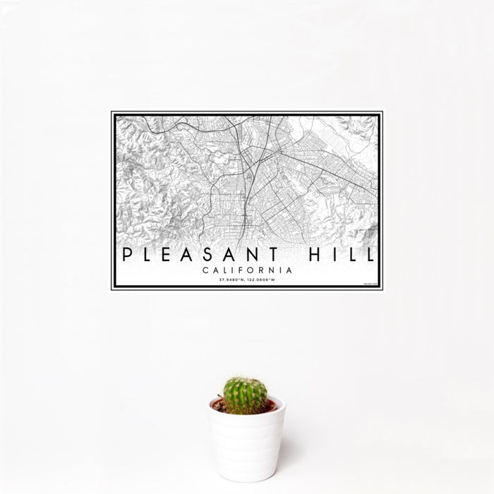 12x18 Pleasant Hill California Map Print Landscape Orientation in Classic Style With Small Cactus Plant in White Planter
