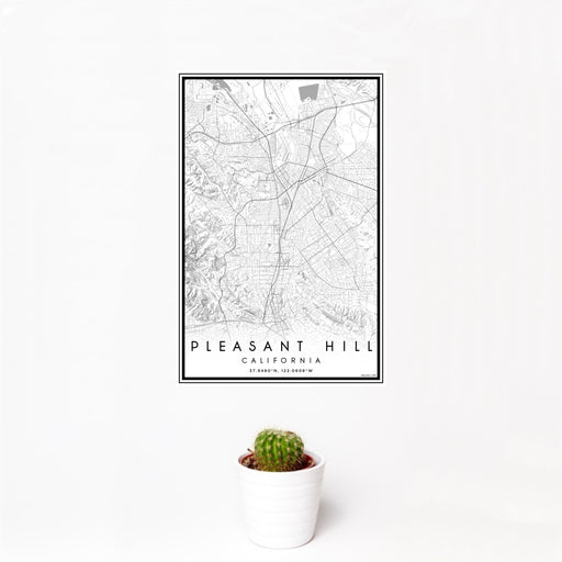 12x18 Pleasant Hill California Map Print Portrait Orientation in Classic Style With Small Cactus Plant in White Planter
