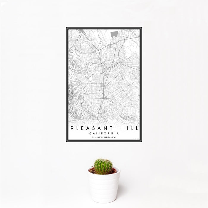 12x18 Pleasant Hill California Map Print Portrait Orientation in Classic Style With Small Cactus Plant in White Planter