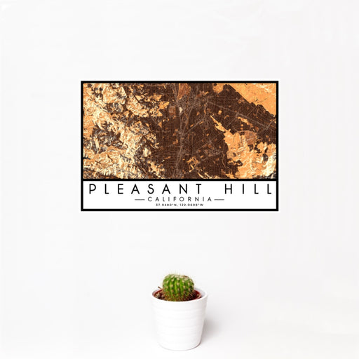 12x18 Pleasant Hill California Map Print Landscape Orientation in Ember Style With Small Cactus Plant in White Planter