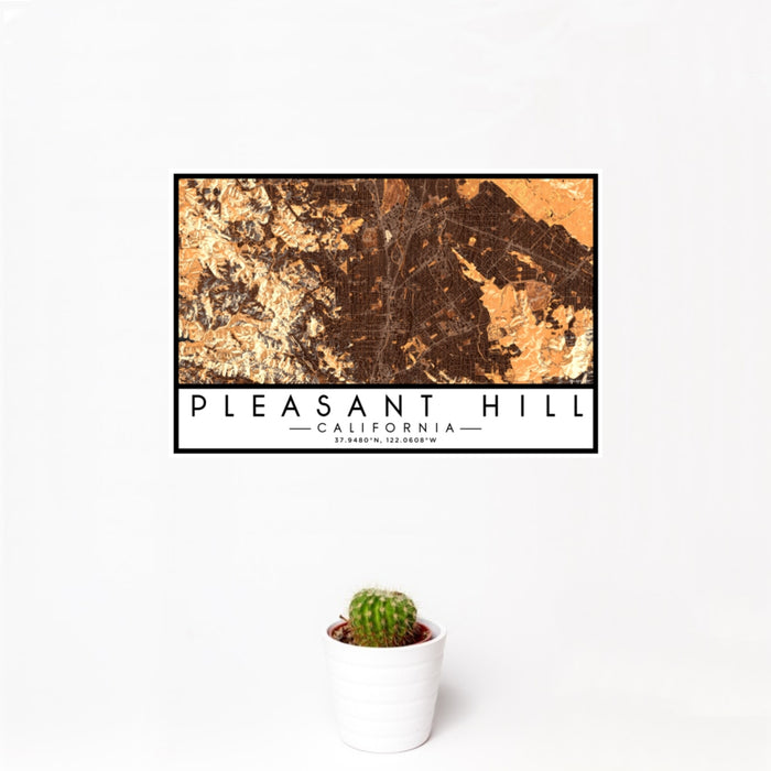 12x18 Pleasant Hill California Map Print Landscape Orientation in Ember Style With Small Cactus Plant in White Planter