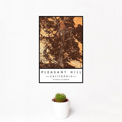 12x18 Pleasant Hill California Map Print Portrait Orientation in Ember Style With Small Cactus Plant in White Planter