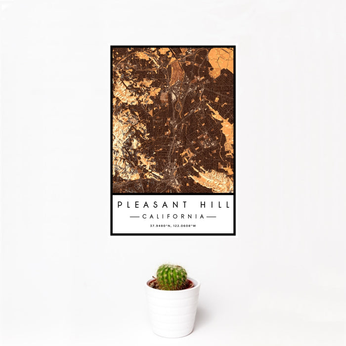 12x18 Pleasant Hill California Map Print Portrait Orientation in Ember Style With Small Cactus Plant in White Planter