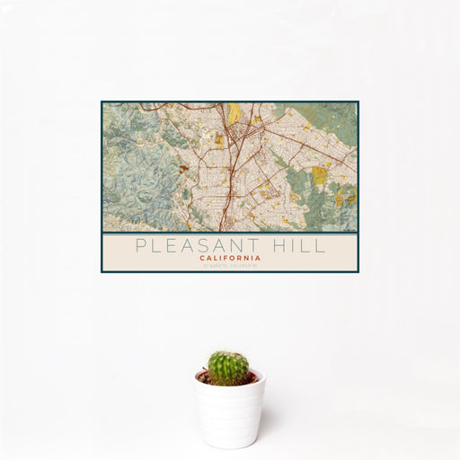12x18 Pleasant Hill California Map Print Landscape Orientation in Woodblock Style With Small Cactus Plant in White Planter