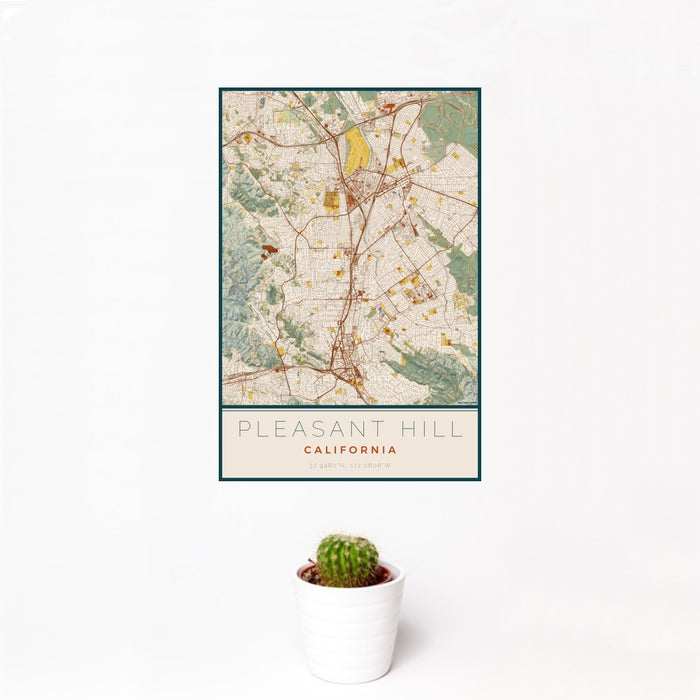 12x18 Pleasant Hill California Map Print Portrait Orientation in Woodblock Style With Small Cactus Plant in White Planter