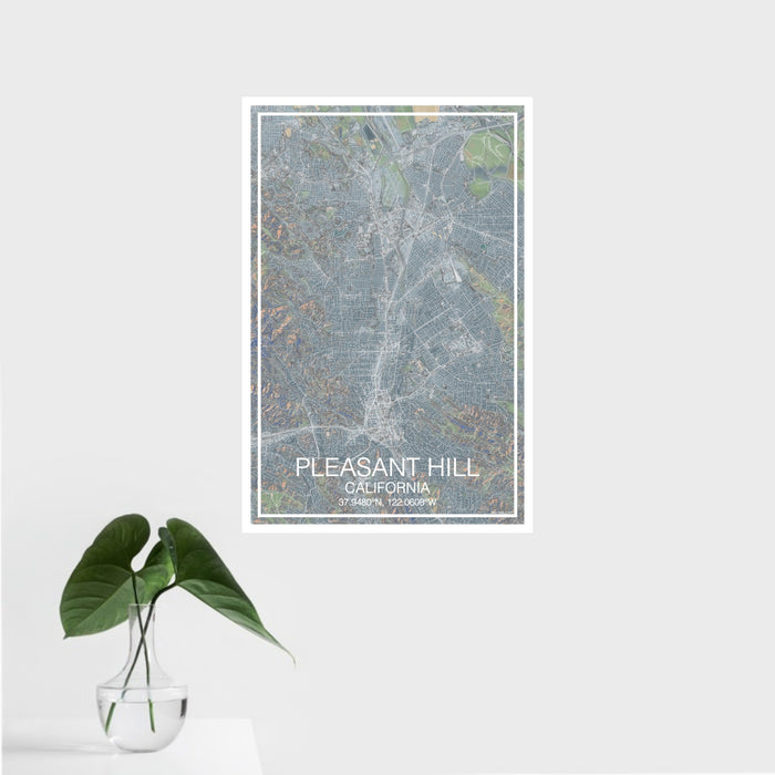 16x24 Pleasant Hill California Map Print Portrait Orientation in Afternoon Style With Tropical Plant Leaves in Water