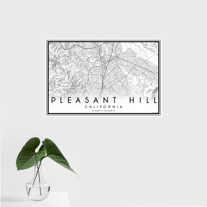 16x24 Pleasant Hill California Map Print Landscape Orientation in Classic Style With Tropical Plant Leaves in Water