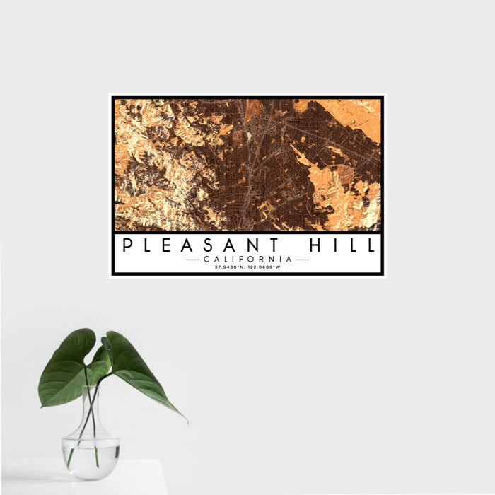 16x24 Pleasant Hill California Map Print Landscape Orientation in Ember Style With Tropical Plant Leaves in Water