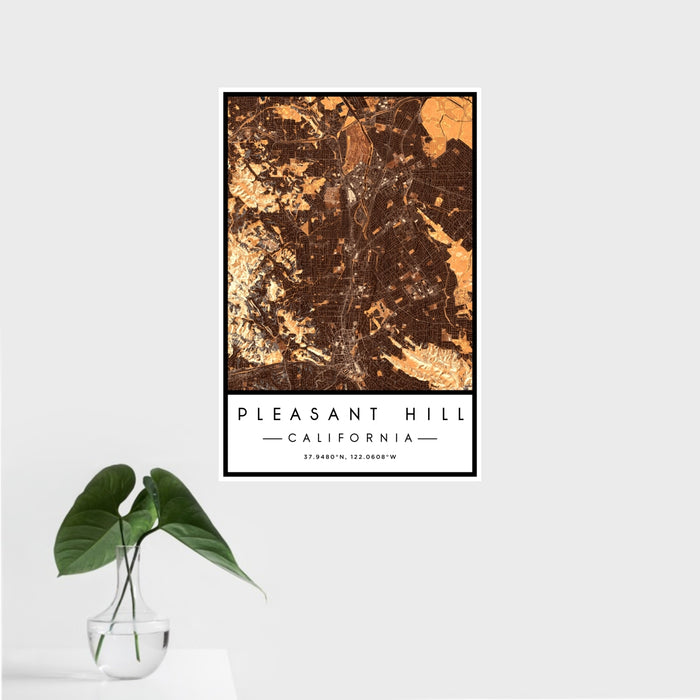 16x24 Pleasant Hill California Map Print Portrait Orientation in Ember Style With Tropical Plant Leaves in Water