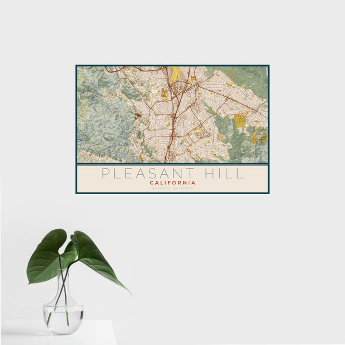 16x24 Pleasant Hill California Map Print Landscape Orientation in Woodblock Style With Tropical Plant Leaves in Water