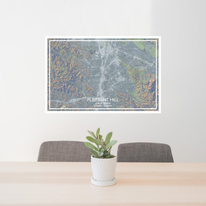 24x36 Pleasant Hill California Map Print Landscape Orientation in Afternoon Style Behind 2 Chairs Table and Potted Plant