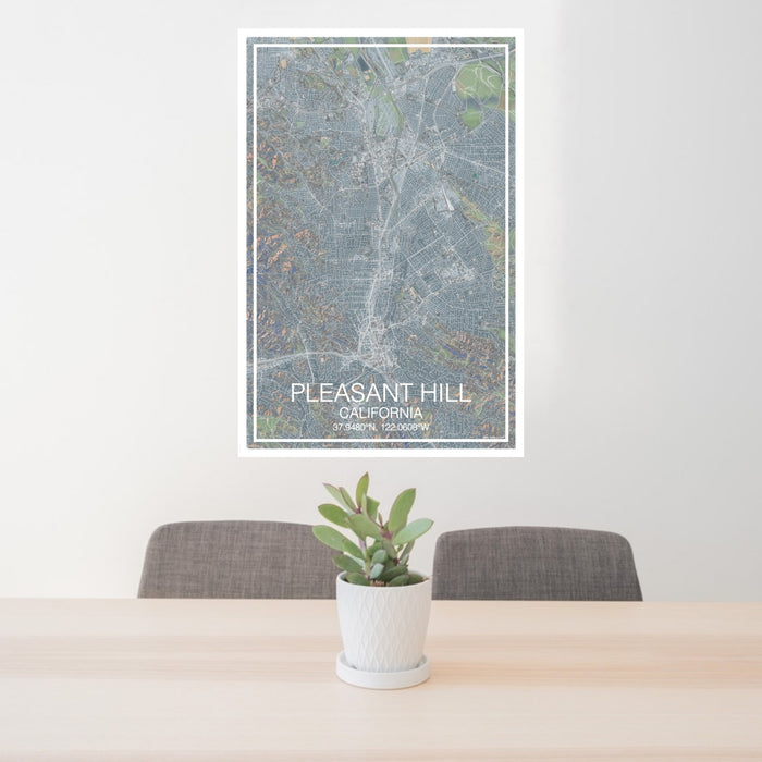 24x36 Pleasant Hill California Map Print Portrait Orientation in Afternoon Style Behind 2 Chairs Table and Potted Plant