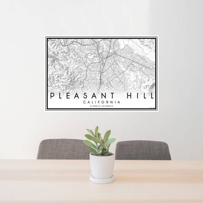 24x36 Pleasant Hill California Map Print Landscape Orientation in Classic Style Behind 2 Chairs Table and Potted Plant