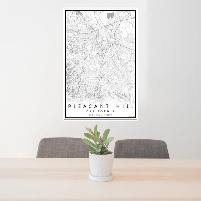 24x36 Pleasant Hill California Map Print Portrait Orientation in Classic Style Behind 2 Chairs Table and Potted Plant