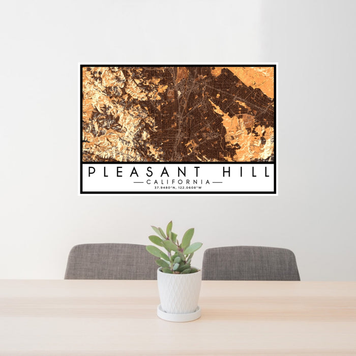24x36 Pleasant Hill California Map Print Landscape Orientation in Ember Style Behind 2 Chairs Table and Potted Plant
