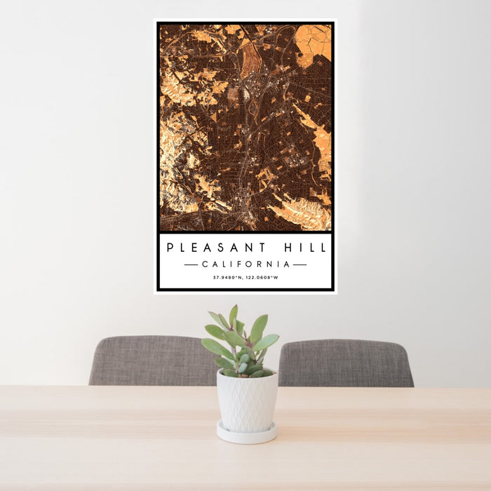 24x36 Pleasant Hill California Map Print Portrait Orientation in Ember Style Behind 2 Chairs Table and Potted Plant