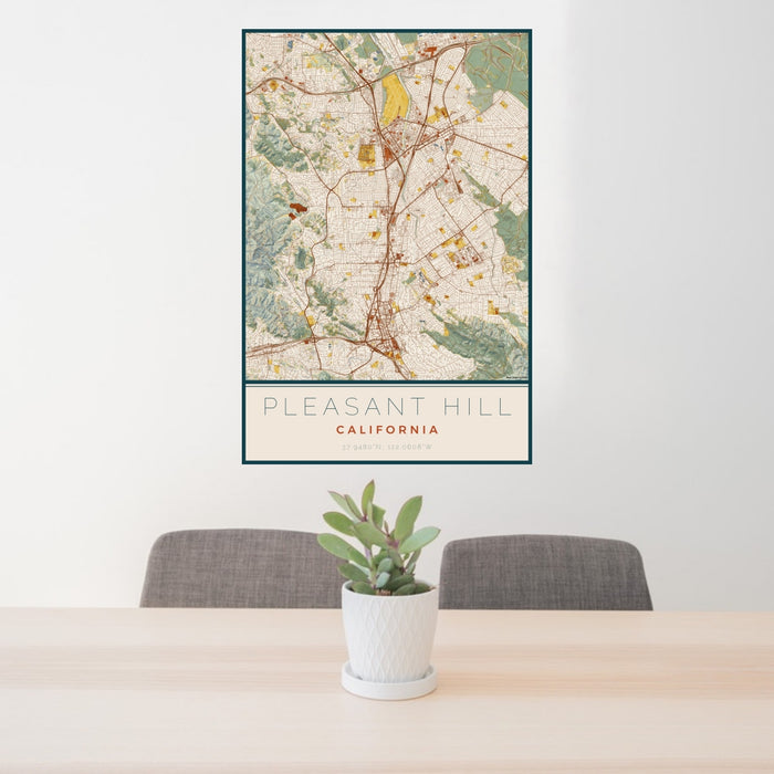 24x36 Pleasant Hill California Map Print Portrait Orientation in Woodblock Style Behind 2 Chairs Table and Potted Plant