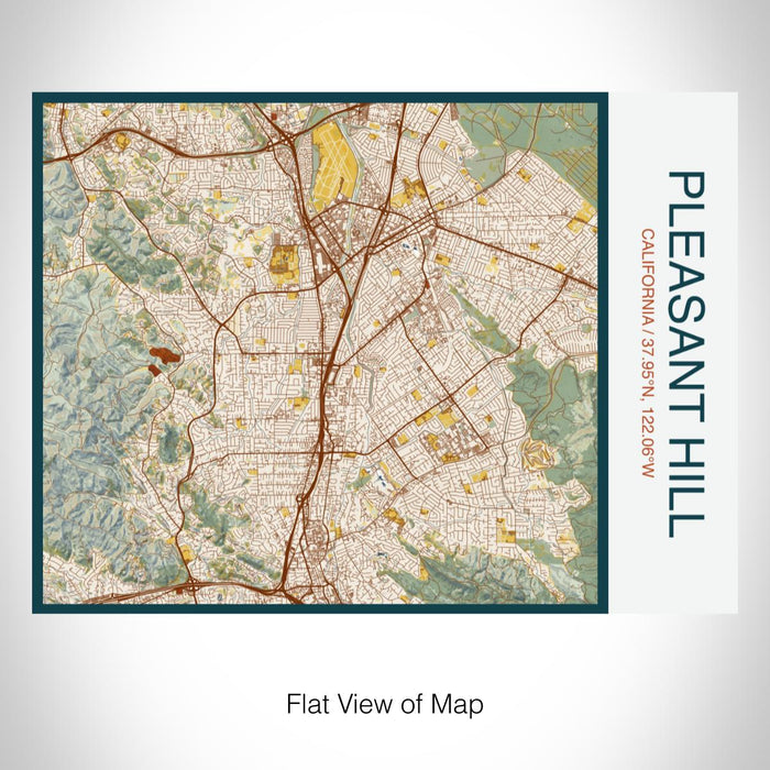 Rendered View of Pleasant Hill California Map on 20oz Stainless Steel Insulated Bottle with Bamboo Top with printed woodblock style map