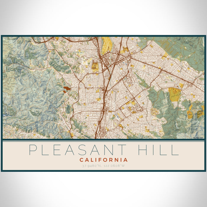 Pleasant Hill California Map Print Landscape Orientation in Woodblock Style With Shaded Background