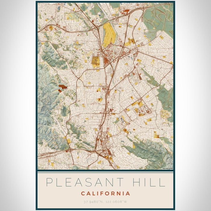 Pleasant Hill California Map Print Portrait Orientation in Woodblock Style With Shaded Background