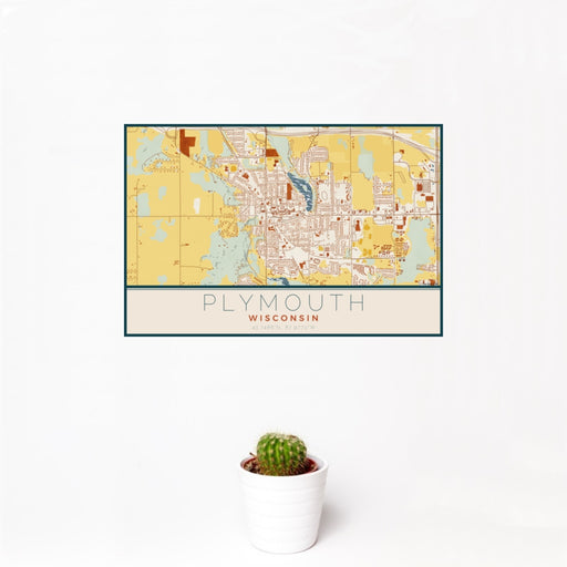 12x18 Plymouth Wisconsin Map Print Landscape Orientation in Woodblock Style With Small Cactus Plant in White Planter