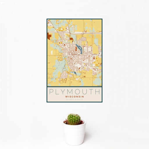 12x18 Plymouth Wisconsin Map Print Portrait Orientation in Woodblock Style With Small Cactus Plant in White Planter