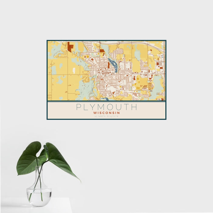 16x24 Plymouth Wisconsin Map Print Landscape Orientation in Woodblock Style With Tropical Plant Leaves in Water