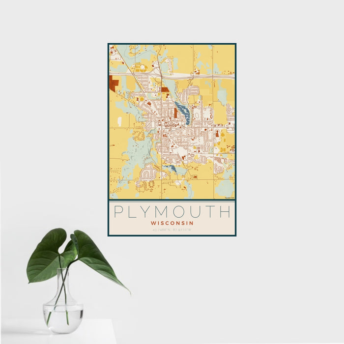16x24 Plymouth Wisconsin Map Print Portrait Orientation in Woodblock Style With Tropical Plant Leaves in Water