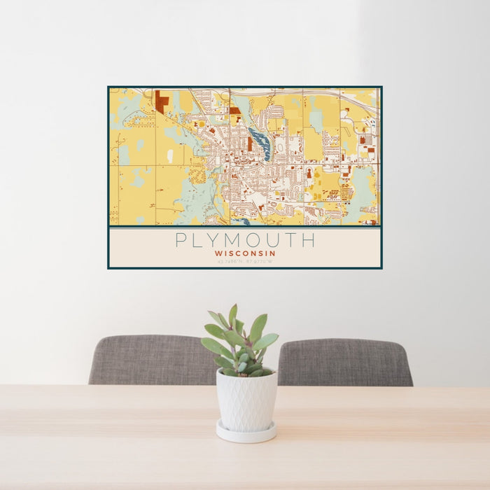 24x36 Plymouth Wisconsin Map Print Lanscape Orientation in Woodblock Style Behind 2 Chairs Table and Potted Plant