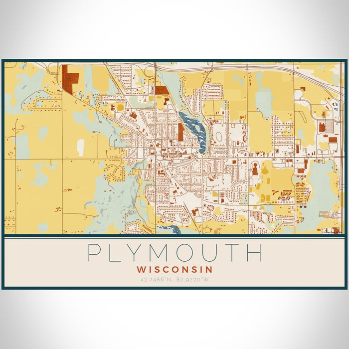 Plymouth Wisconsin Map Print Landscape Orientation in Woodblock Style With Shaded Background