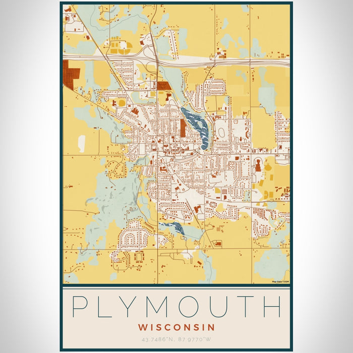 Plymouth Wisconsin Map Print Portrait Orientation in Woodblock Style With Shaded Background
