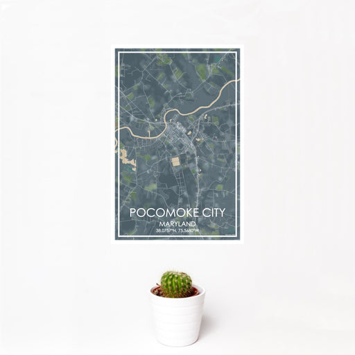 12x18 Pocomoke City Maryland Map Print Portrait Orientation in Afternoon Style With Small Cactus Plant in White Planter