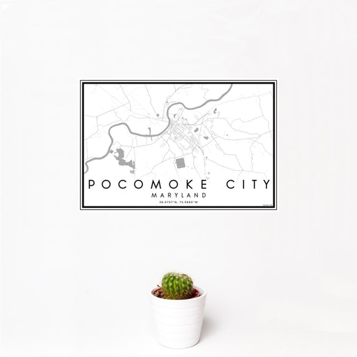 12x18 Pocomoke City Maryland Map Print Landscape Orientation in Classic Style With Small Cactus Plant in White Planter