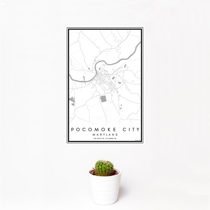 12x18 Pocomoke City Maryland Map Print Portrait Orientation in Classic Style With Small Cactus Plant in White Planter