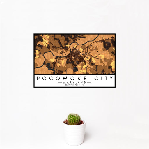12x18 Pocomoke City Maryland Map Print Landscape Orientation in Ember Style With Small Cactus Plant in White Planter