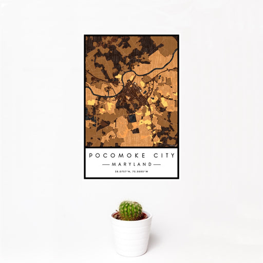 12x18 Pocomoke City Maryland Map Print Portrait Orientation in Ember Style With Small Cactus Plant in White Planter