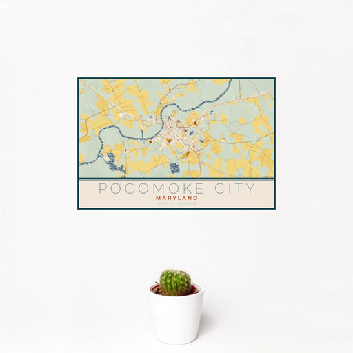 12x18 Pocomoke City Maryland Map Print Landscape Orientation in Woodblock Style With Small Cactus Plant in White Planter