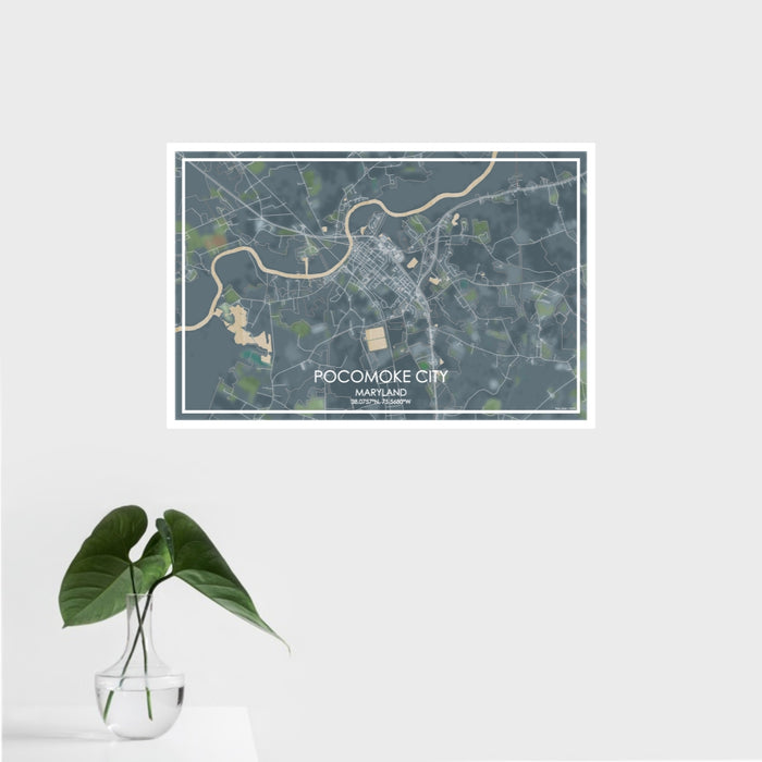 16x24 Pocomoke City Maryland Map Print Landscape Orientation in Afternoon Style With Tropical Plant Leaves in Water