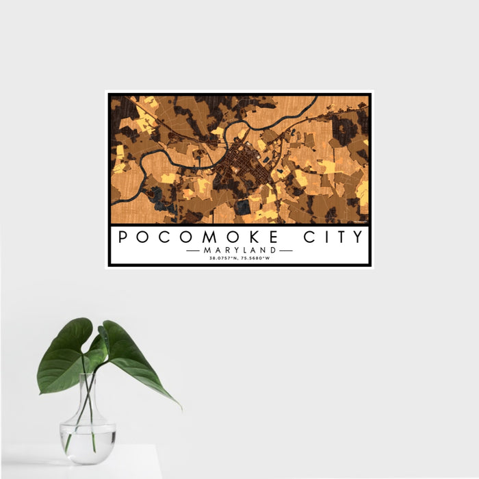 16x24 Pocomoke City Maryland Map Print Landscape Orientation in Ember Style With Tropical Plant Leaves in Water