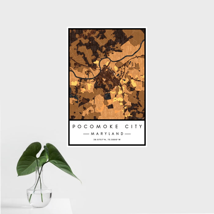16x24 Pocomoke City Maryland Map Print Portrait Orientation in Ember Style With Tropical Plant Leaves in Water