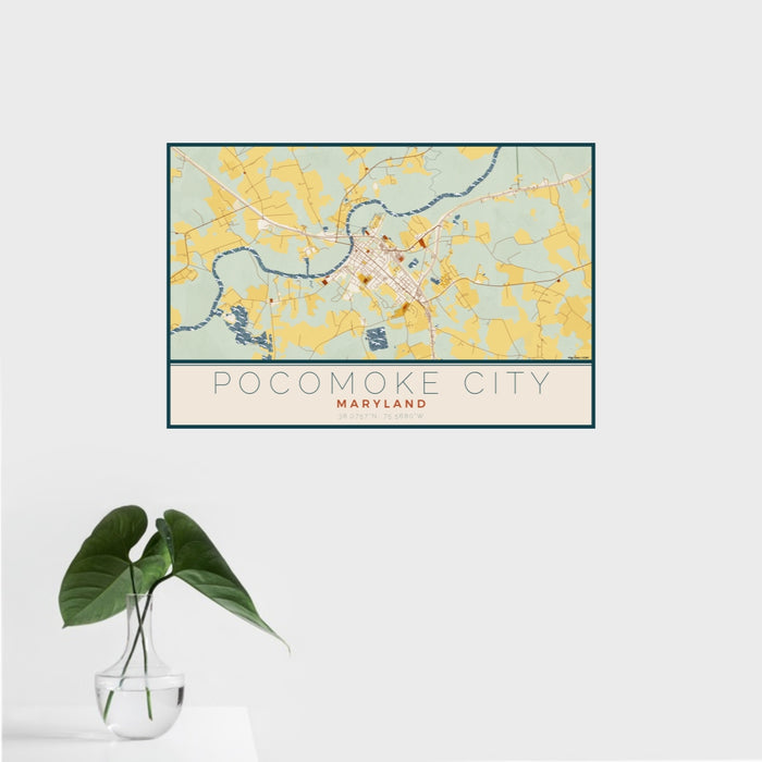 16x24 Pocomoke City Maryland Map Print Landscape Orientation in Woodblock Style With Tropical Plant Leaves in Water