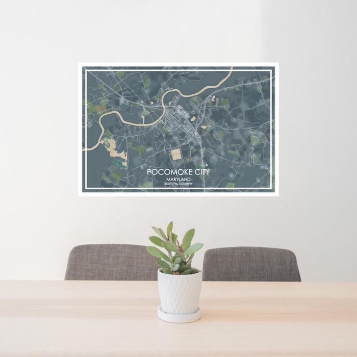 24x36 Pocomoke City Maryland Map Print Lanscape Orientation in Afternoon Style Behind 2 Chairs Table and Potted Plant