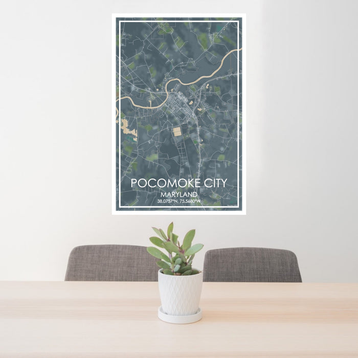 24x36 Pocomoke City Maryland Map Print Portrait Orientation in Afternoon Style Behind 2 Chairs Table and Potted Plant