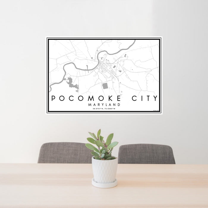 24x36 Pocomoke City Maryland Map Print Lanscape Orientation in Classic Style Behind 2 Chairs Table and Potted Plant