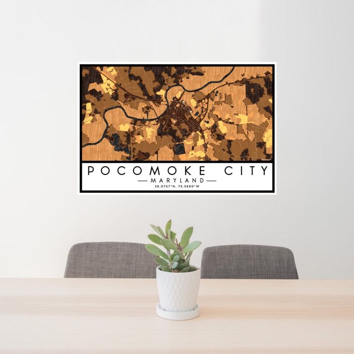 24x36 Pocomoke City Maryland Map Print Lanscape Orientation in Ember Style Behind 2 Chairs Table and Potted Plant
