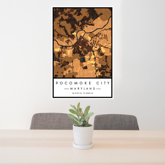 24x36 Pocomoke City Maryland Map Print Portrait Orientation in Ember Style Behind 2 Chairs Table and Potted Plant