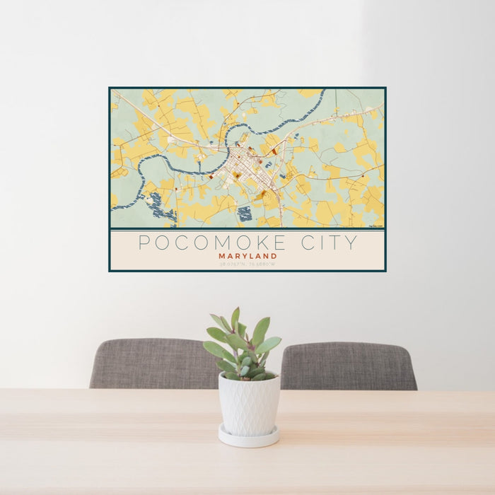24x36 Pocomoke City Maryland Map Print Lanscape Orientation in Woodblock Style Behind 2 Chairs Table and Potted Plant