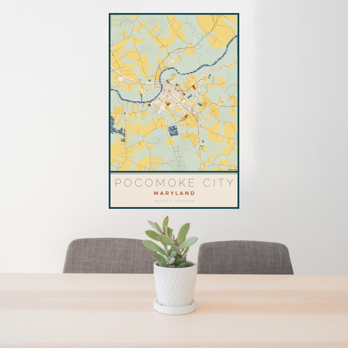 24x36 Pocomoke City Maryland Map Print Portrait Orientation in Woodblock Style Behind 2 Chairs Table and Potted Plant