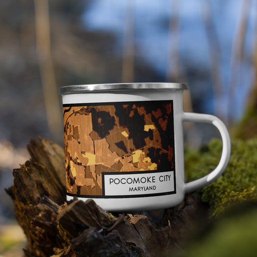 Right View Custom Pocomoke City Maryland Map Enamel Mug in Ember on Grass With Trees in Background