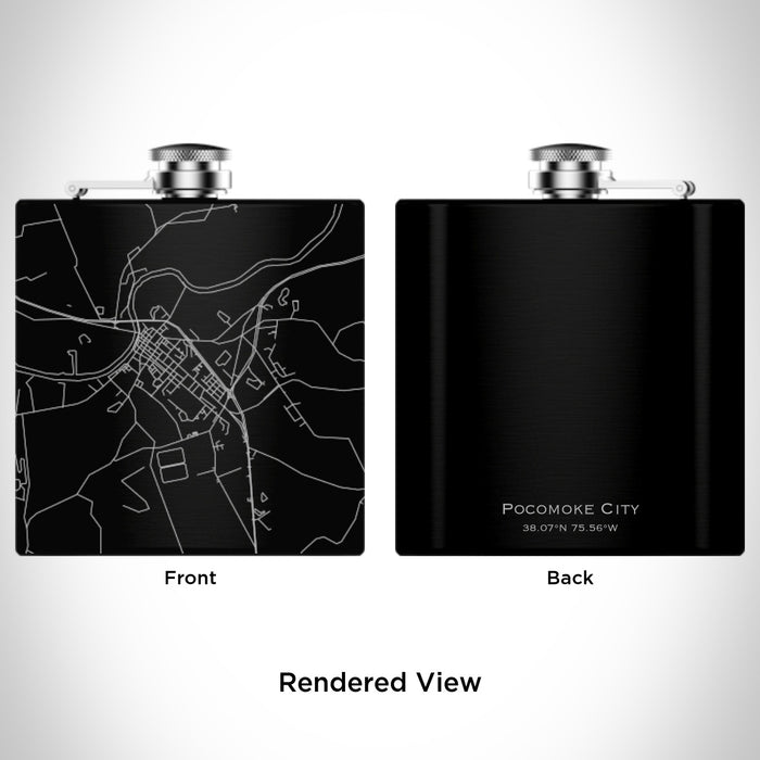 Rendered View of Pocomoke City Maryland Map Engraving on 6oz Stainless Steel Flask in Black